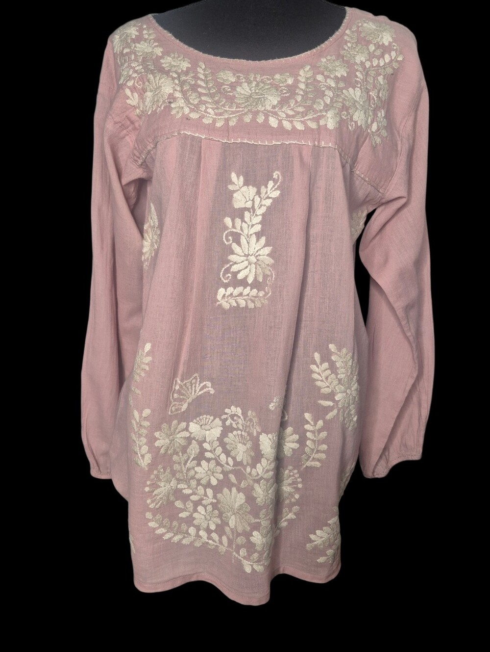Siren Pink Floral Embroidered Long Sleeve Peasant Top Tunic Size L Scoop Neck